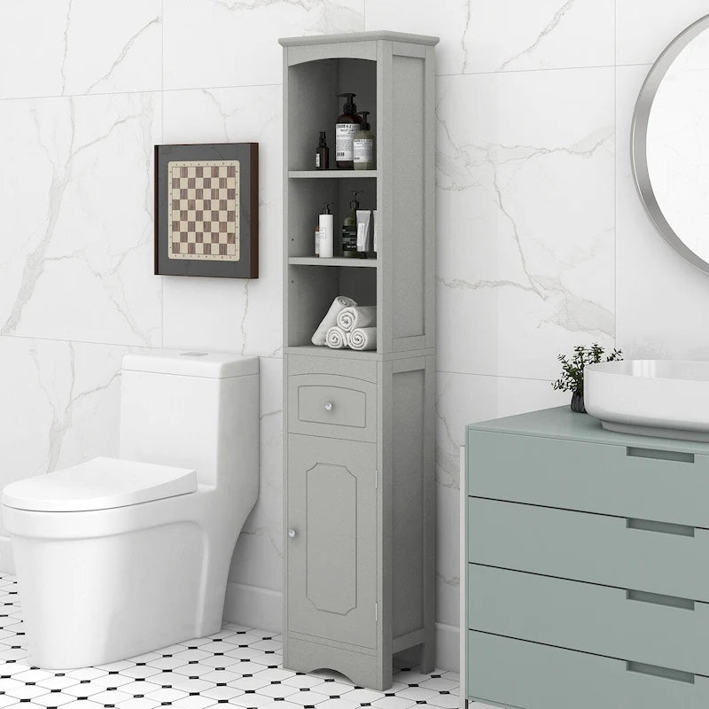 67 Tall Bathroom Storage Cabinet, Modern Narrow Display Cupboard Stand with Drawer and Adjustable Shelf