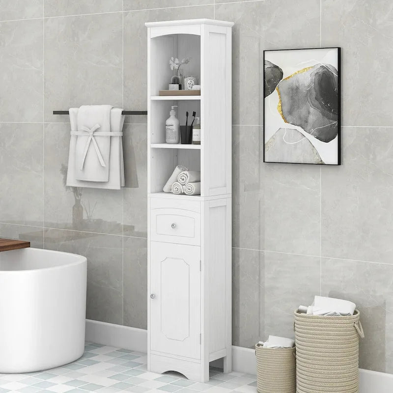 67 Tall Bathroom Storage Cabinet, Modern Narrow Display Cupboard Stand with Drawer and Adjustable Shelf