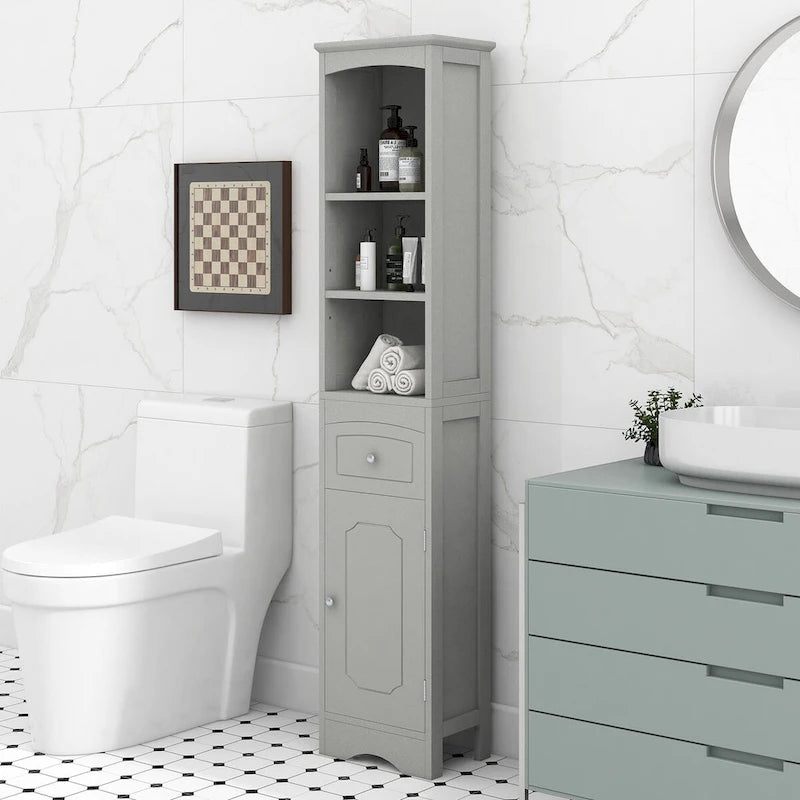 67 Tall Bathroom Storage Cabinet, Modern Narrow Display Cupboard Stand with Drawer and Adjustable Shelf