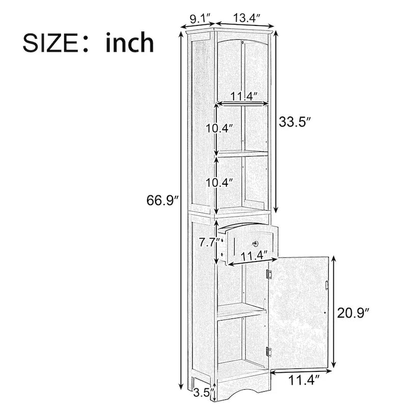 67 Tall Bathroom Storage Cabinet, Modern Narrow Display Cupboard Stand with Drawer and Adjustable Shelf