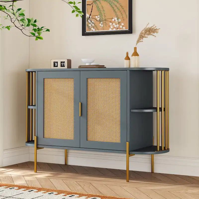 2-Door Elegant Curved Dining Cabinet with Gold Trim and Woven Rattan Doors for Dining Room
